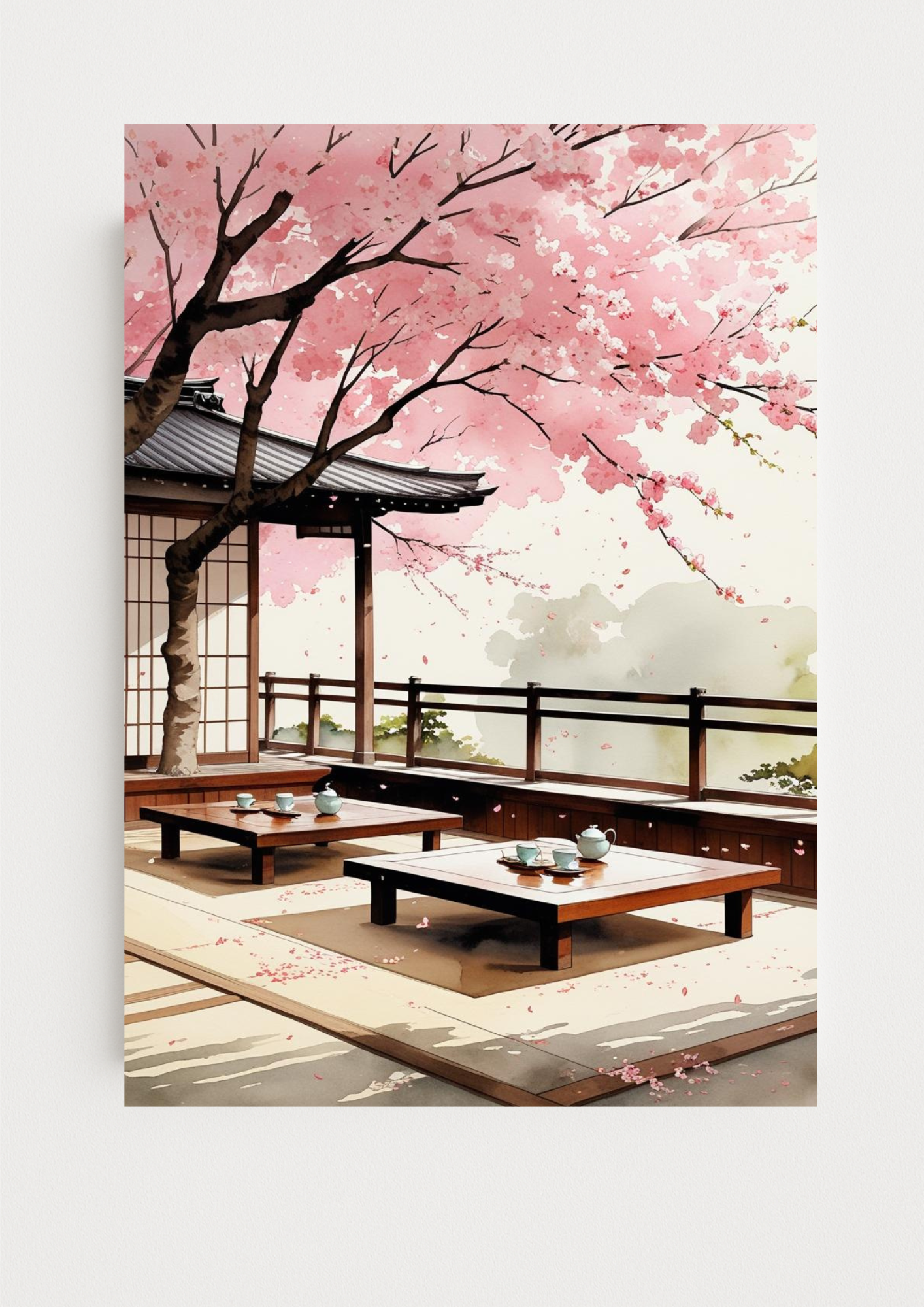 Affiche Kyoto - Terrasse Japonaise - Fleurs de cerisier