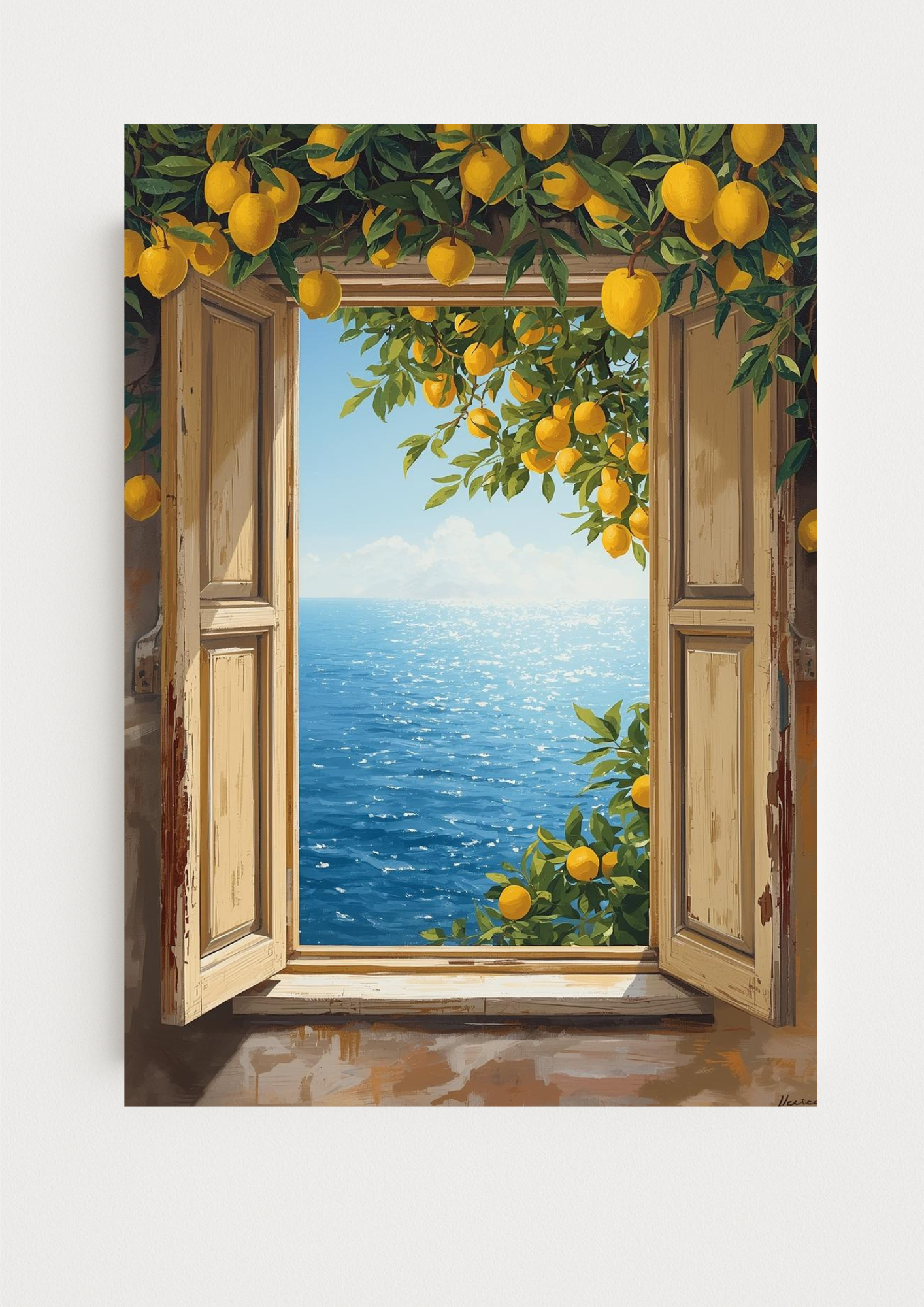 Affiche fenêtre ouverte sur la mer et citronniers – paysage méditerranéen