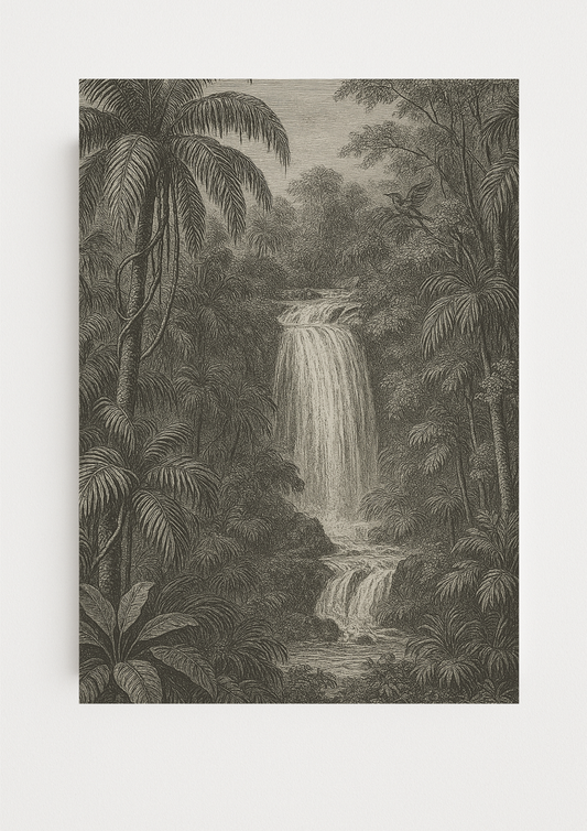 Affiche cascade exotique style gravure ancienne – paysage jungle – tropical – décoration murale safari