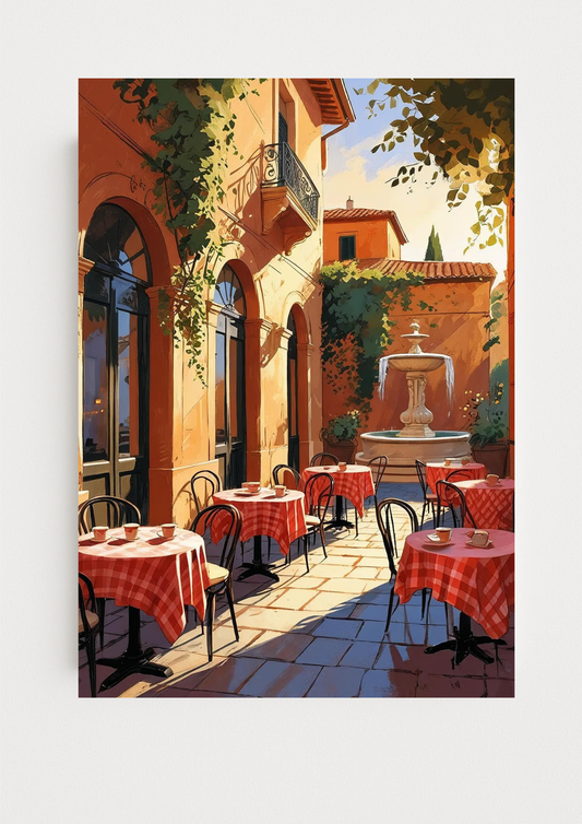 Affiche ambiance italienne – Terrasse de café avec tables et fontaine – Décoration murale