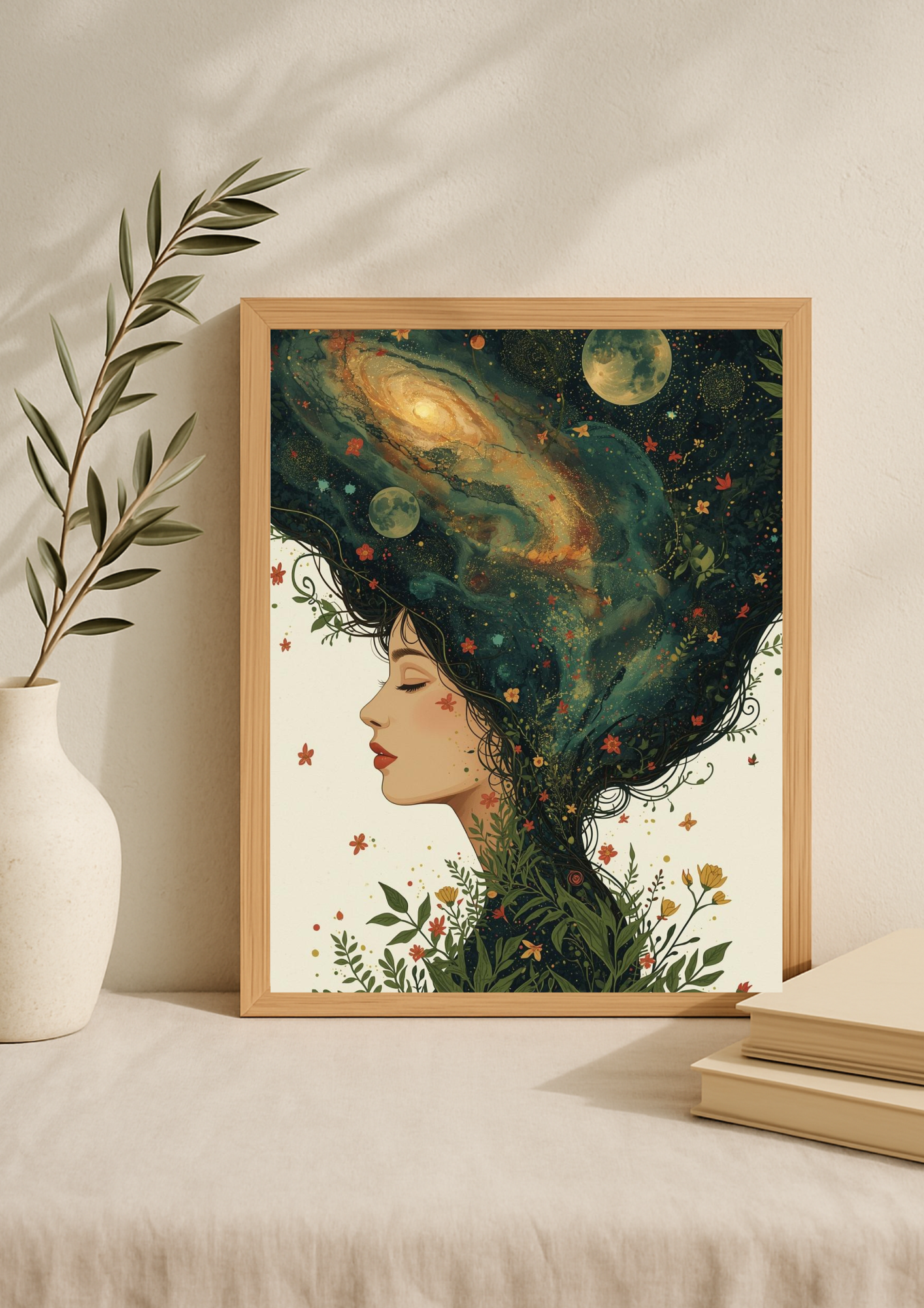 Affiche femme cosmique nature – Illustration poétique bohème