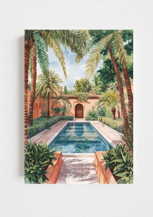 Collection Orient-Affiche riad marocain – patio avec piscine et palmiers – décoration murale méditerranéenne