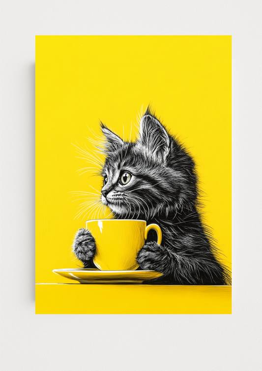 Affiche Chat & Café A4 – Poster Déco Animaux | Décoration Murale Cuisine