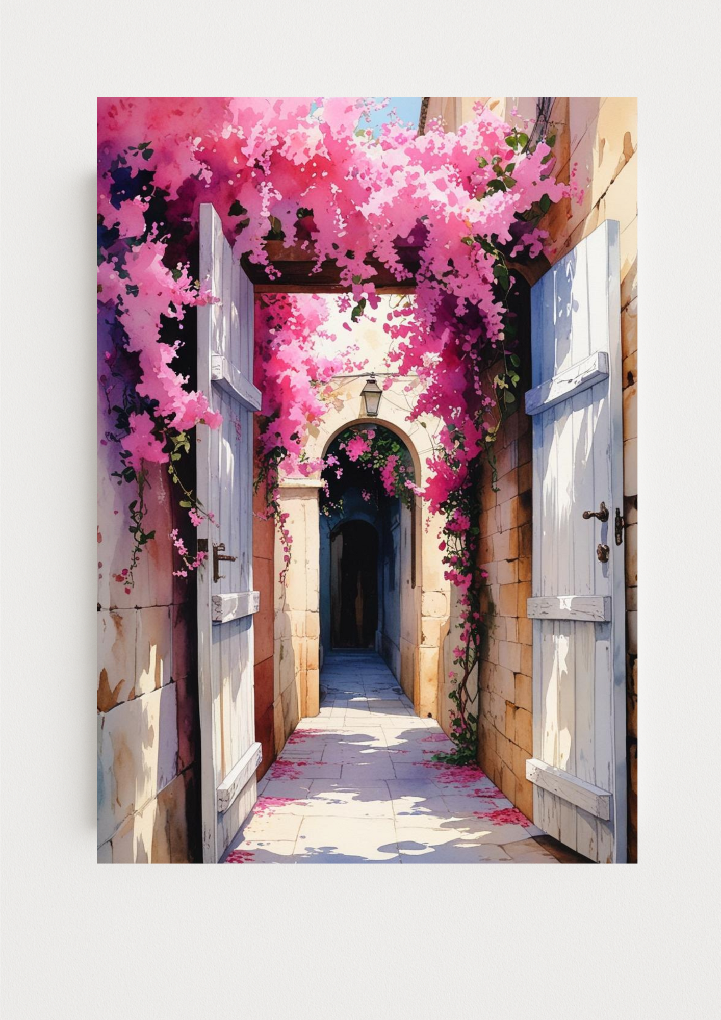 Affiche ruelle méditerranéenne aux bougainvilliers roses – décoration murale ambiance sud