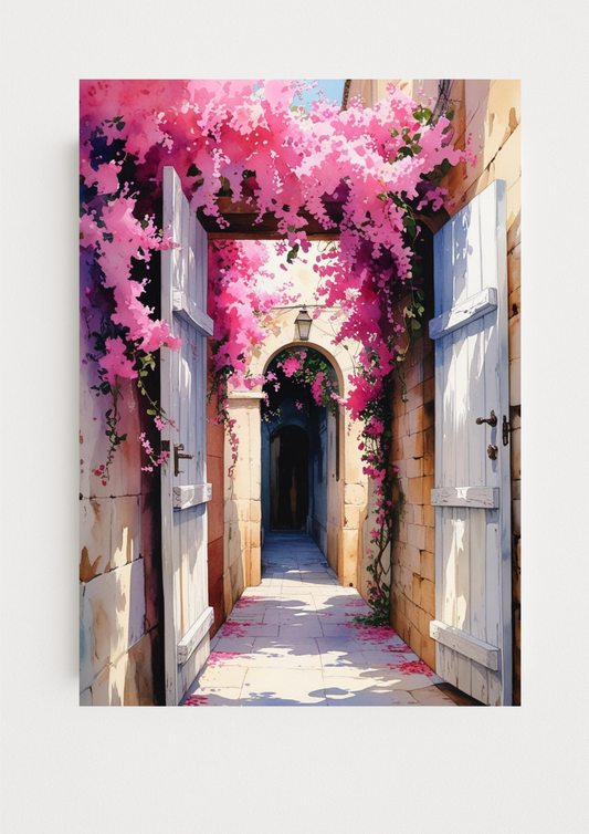 Affiche ruelle méditerranéenne aux bougainvilliers roses – décoration murale ambiance sud