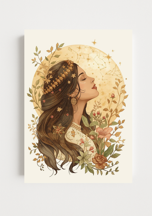 Collection Astrale - Affiche femme bohème et lune dorée – illustration astrologique florale