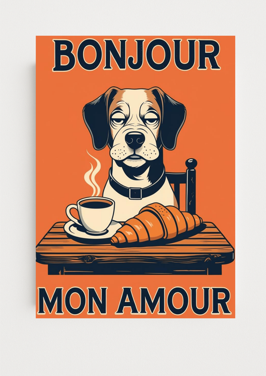 Collection chien - Affiche chien humour vintage – Bonjour mon amour café croissant