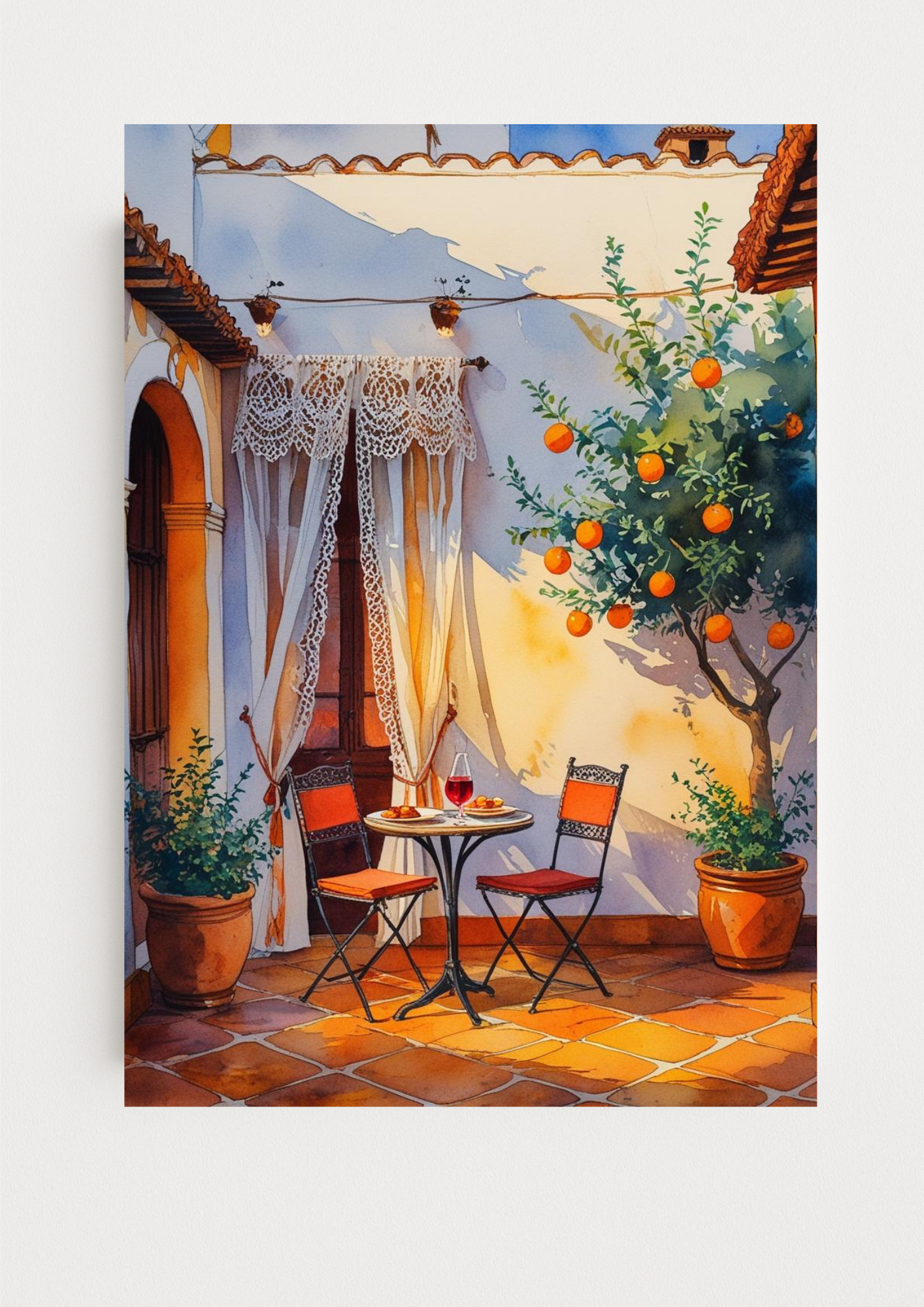Affiche cour méditerranéenne – Oranger et terrasse ensoleillée – Décoration murale