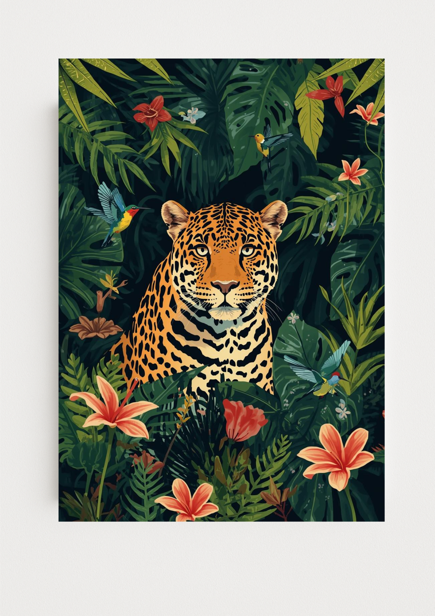 Affiche jungle colorée - Jaguar- Fleurs éxotiques