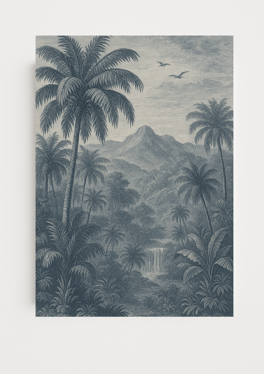Affiche jungle exotique style gravure ancienne – paysage tropical – décoration murale safari