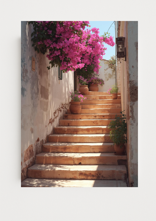 Affiche escalier méditerranéen avec bougainvillier rose – décoration murale sud