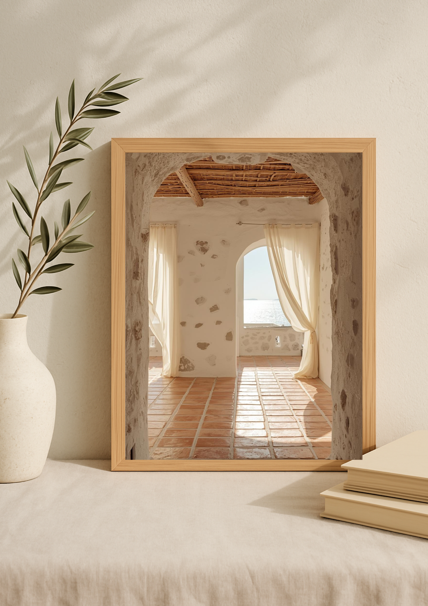 Affiche intérieur méditerranéen – Arche en pierre et vue mer – Décoration murale