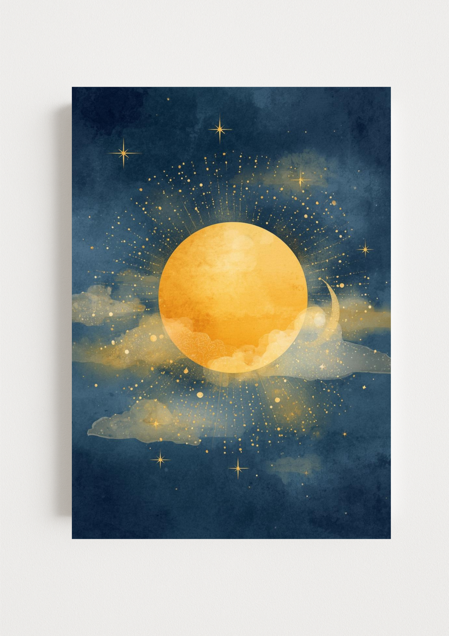 Affiche soleil dorée – Illustration céleste minimaliste – Décoration murale moderne A4