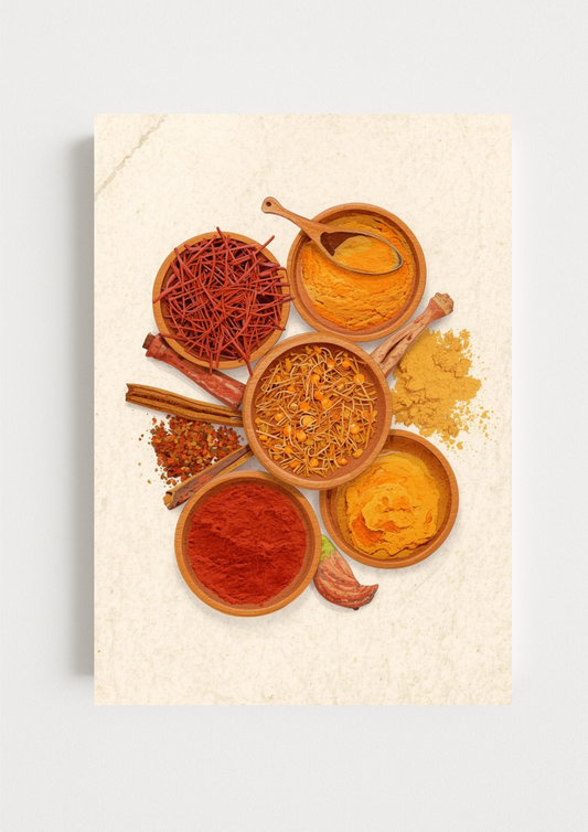 Collection Orient-Affiche épices marocaines – safran, curcuma et paprika – décoration murale orientale