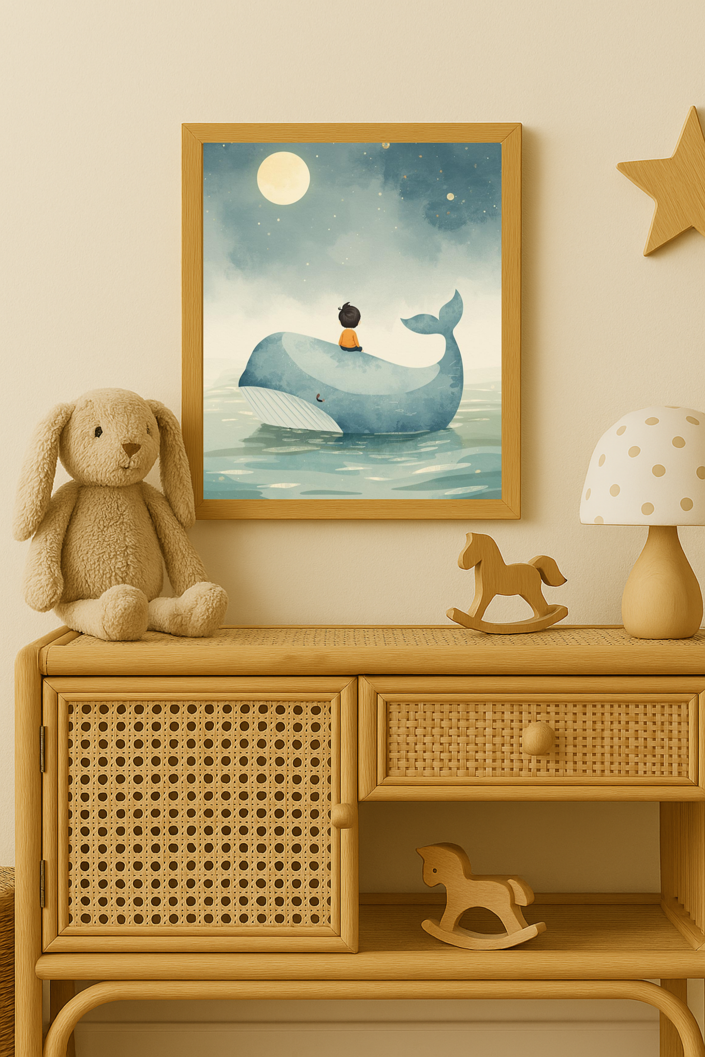 Affiche enfant et baleine sous la lune – illustration chambre bébé - Univers poétique et minimaliste