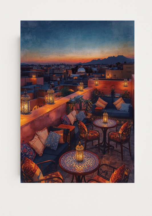 Affiche terrasse orientale au coucher de soleil – lanternes et médina