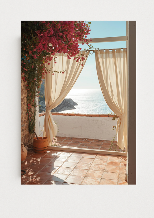 Affiche terrasse méditerranéenne vue mer – décoration murale ambiance vacances