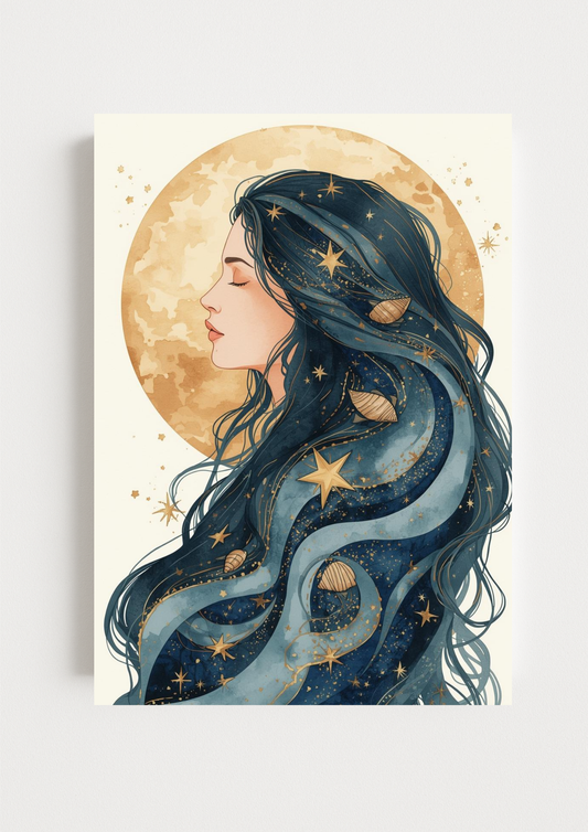 Collection Mystique - Affiche femme lune astrale – Illustration bohème céleste – Décoration murale poétique
