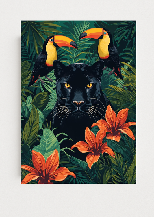 Affiche jungle colorée - Panthère noire - Fleurs éxotiques