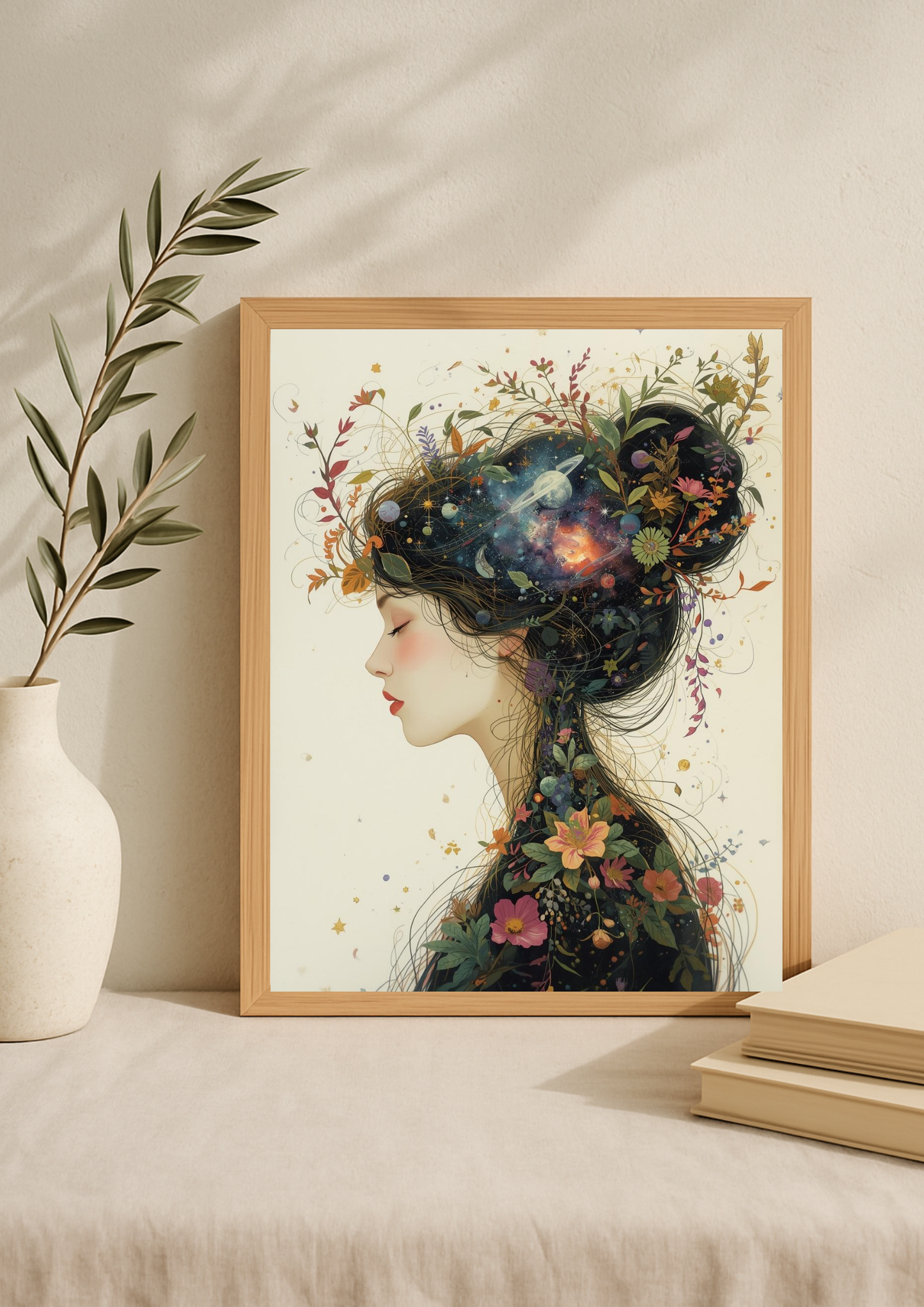 Affiche femme cosmique florale – Art mural bohème et poétique