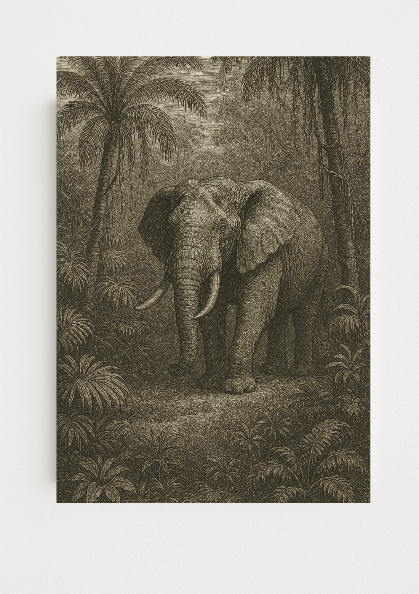 Affiche éléphant tropical style gravure ancienne – animal sauvage – jungle sauvage - forêt tropical