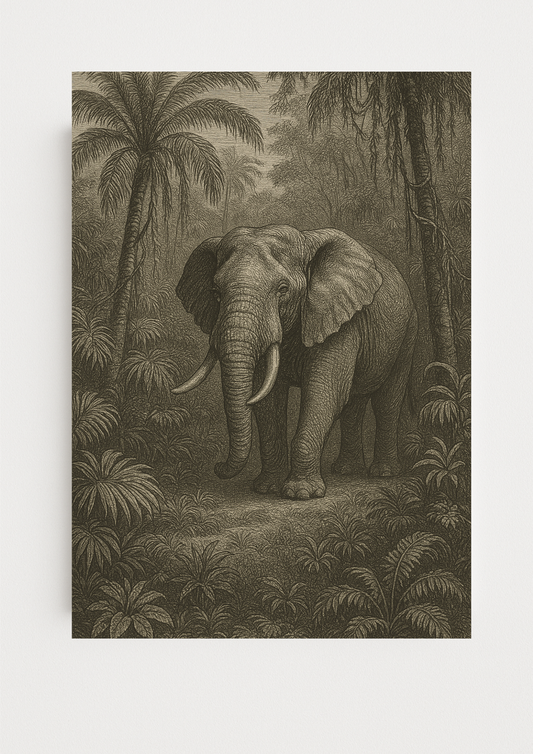 Affiche éléphant tropical style gravure ancienne – animal sauvage – jungle sauvage - forêt tropical