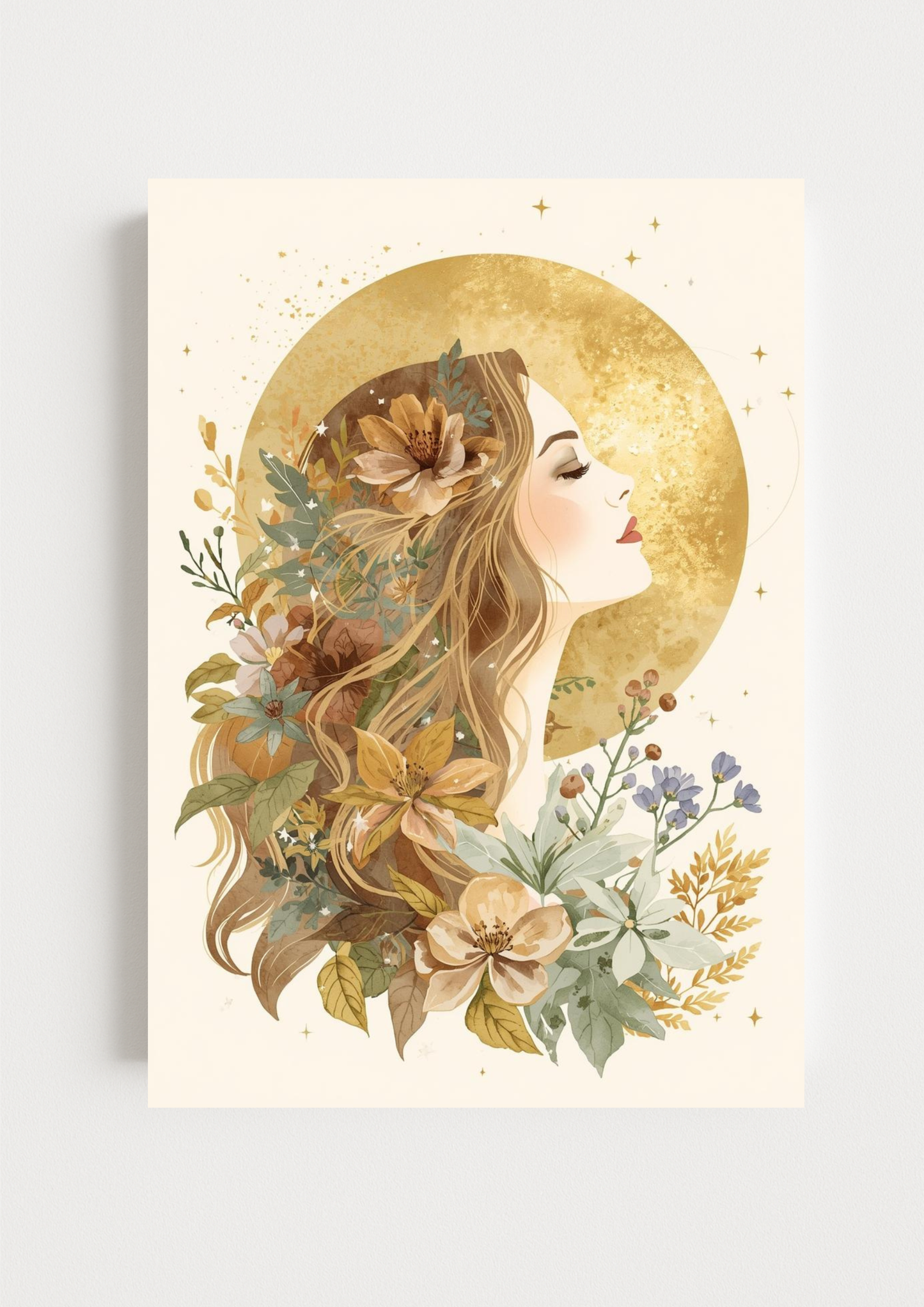 Affiche femme bohème lune dorée - Affiche féminin sacré - art mural mystique floral