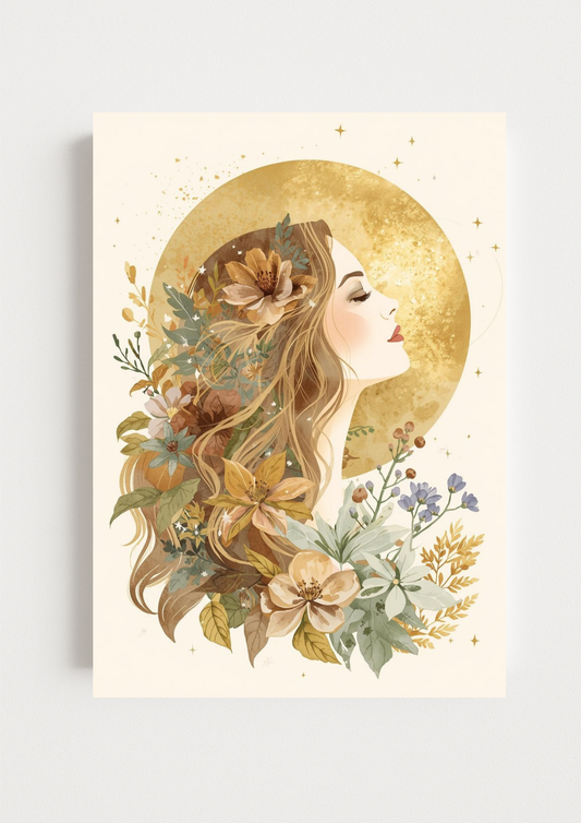 Collection Astrale - Affiche femme bohème lune dorée - Affiche féminin sacré - art mural mystique floral