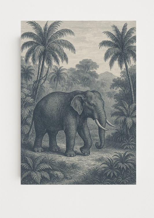 Affiche éléphant tropical style gravure ancienne – décoration murale safari – décoration murale tropical
