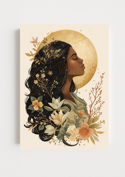 Collection Astrale - Affiche femme bohème lune dorée – illustration florale mystique