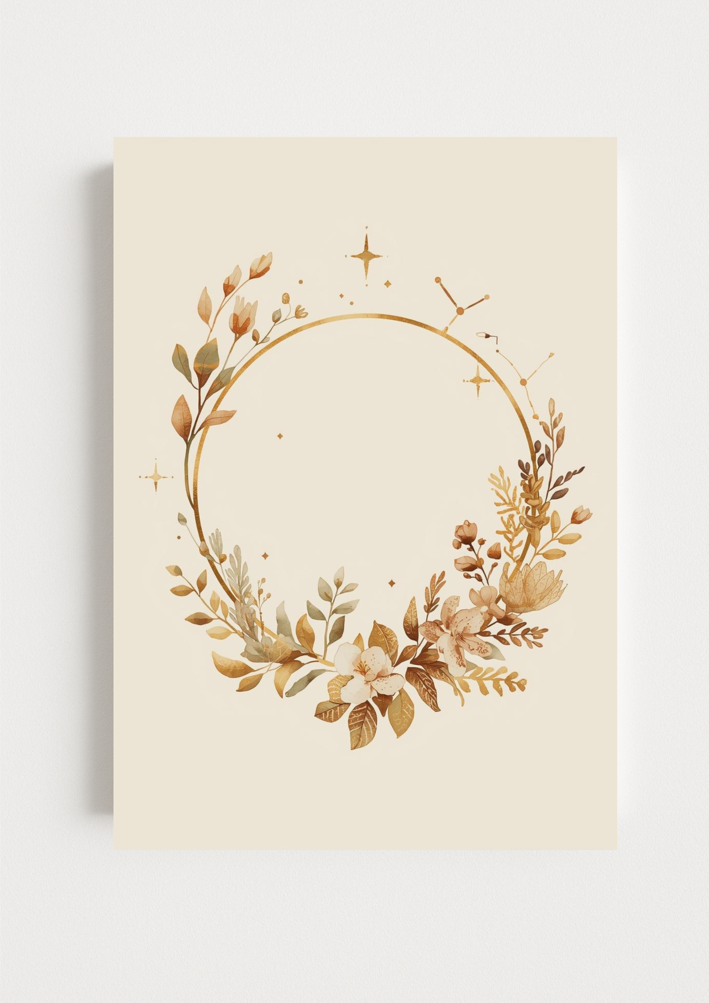 Affiche couronne florale dorée – décoration murale bohème minimaliste