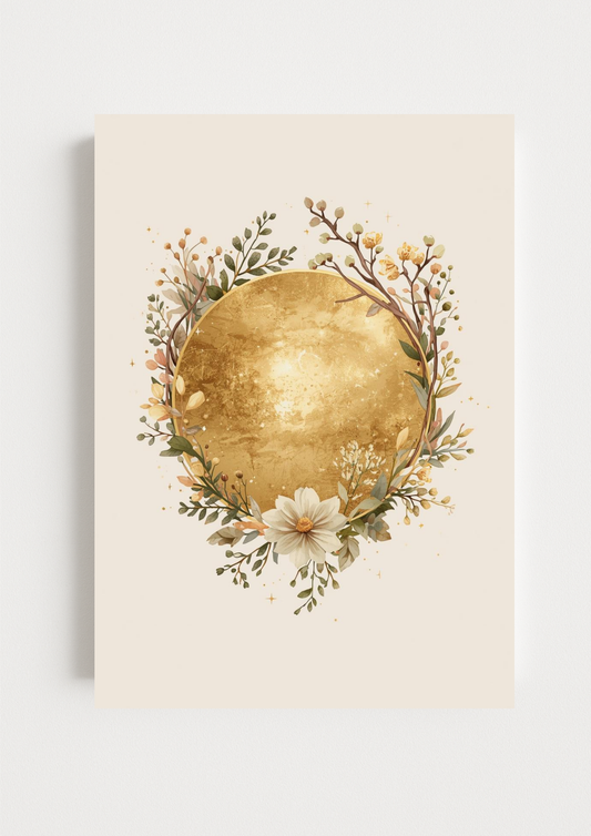 Collection Astrale - Affiche lune dorée florale – décoration murale bohème élégante - art mural mystique floral