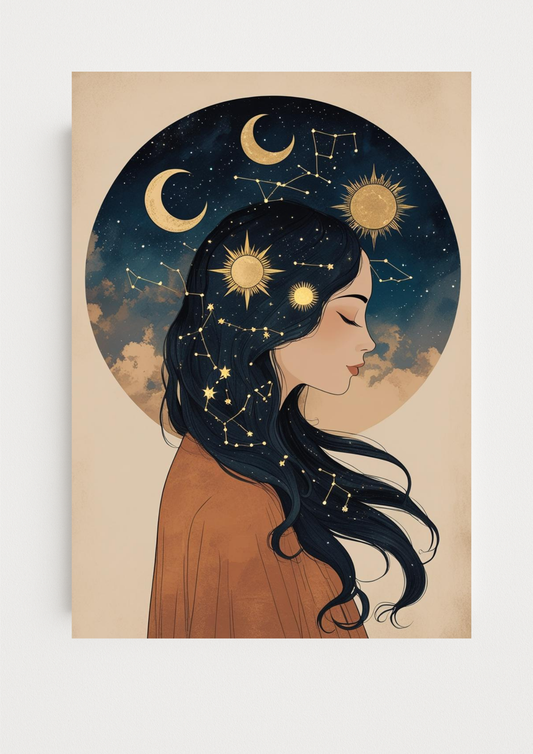 Collection Mystique - Affiche décorative femme astrale – Constellations, lune et soleil