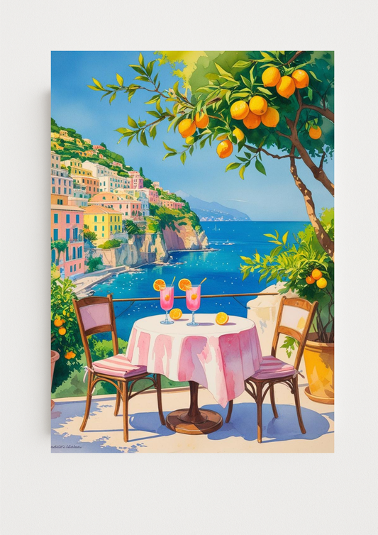 Affiche méditerranéenne – Terrasse avec vue mer, orangers et falaises – Décoration murale