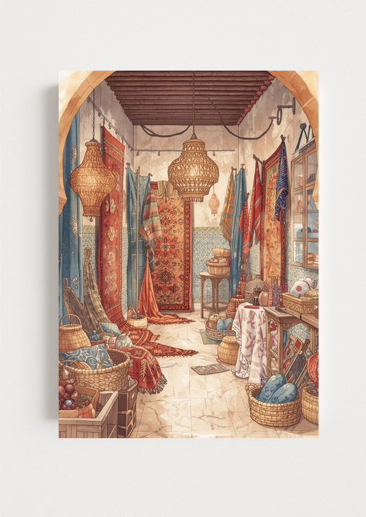 Affiche souk oriental – boutique de tapis et lanternes bohème, décoration murale