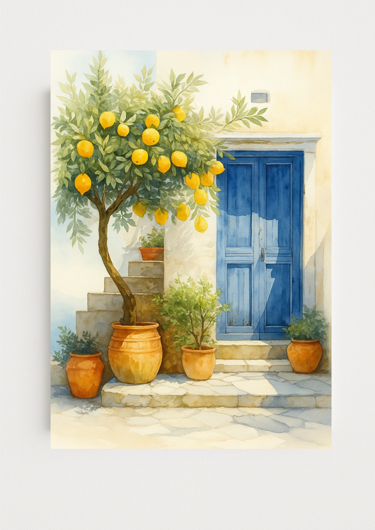 Affiche citronnier méditerranéen aquarelle – porte bleue et pots en terre cuite