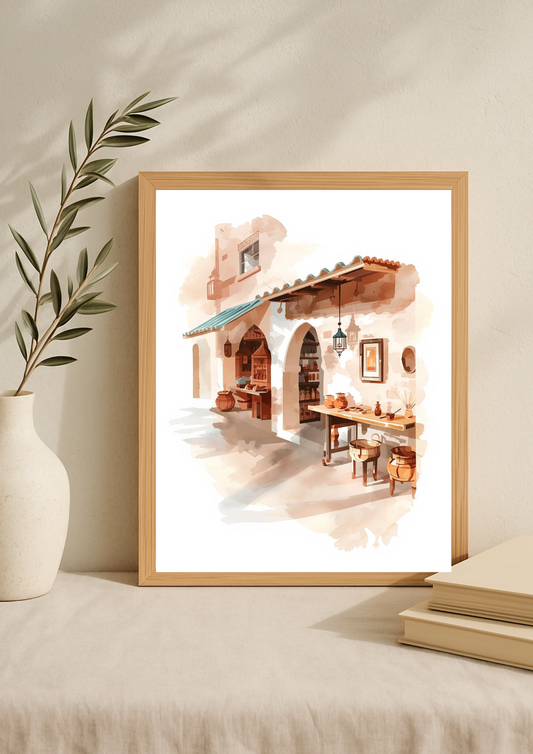 Affiche boutique marocaine – ruelle artisanale – décoration murale orientale