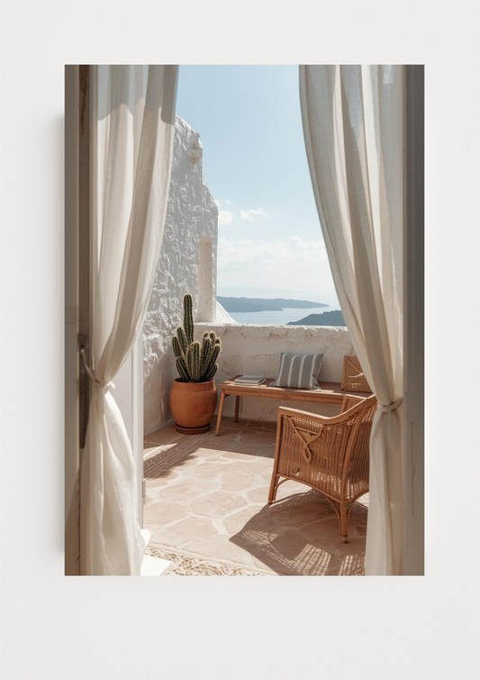 Affiche terrasse méditerranéenne vue mer – décoration murale bord de mer