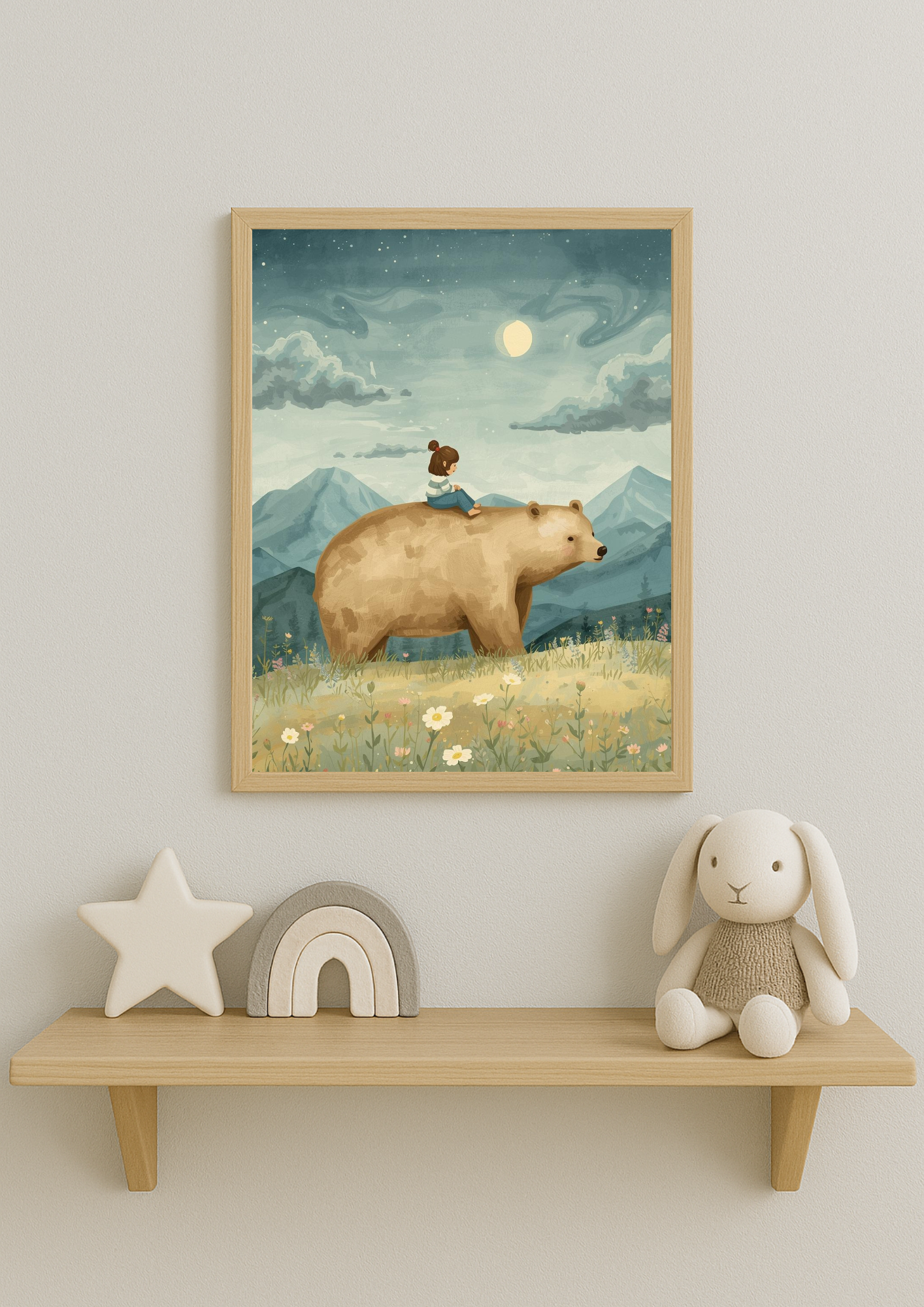 Affiche enfant et ours sous la lune – illustration chambre bébé - Univers poétique et minimaliste