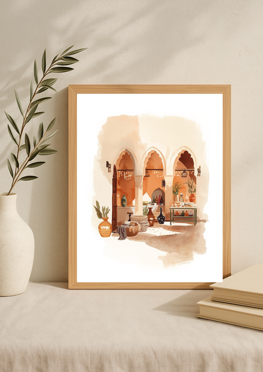 Affiche patio marocain – arches orientales et artisanat – décoration murale chaleureuse