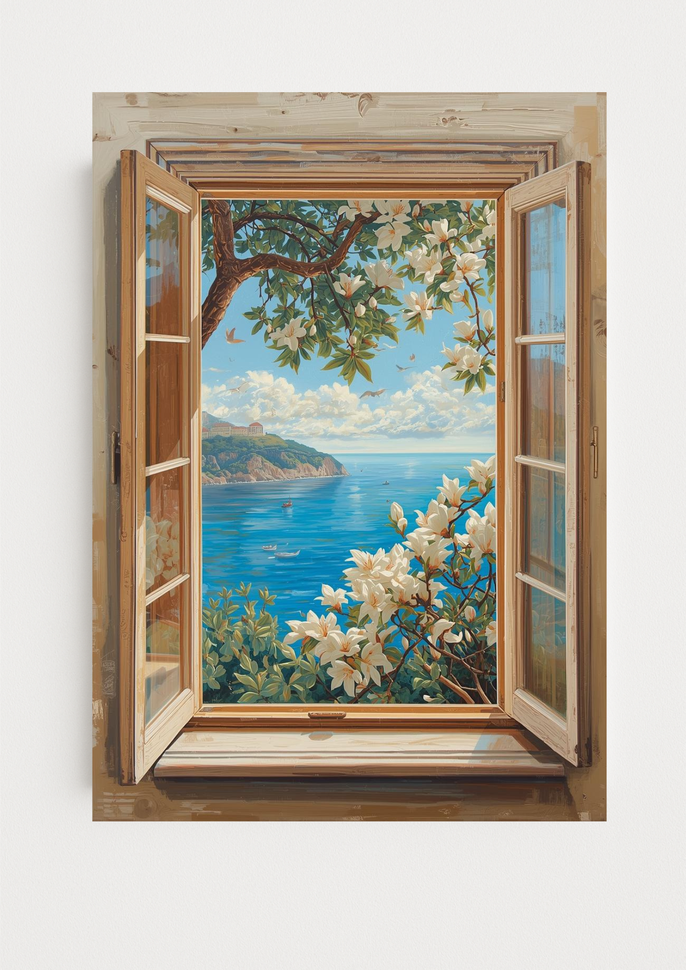 Affiche vue mer Méditerranée depuis fenêtre – paysage floral lumineux