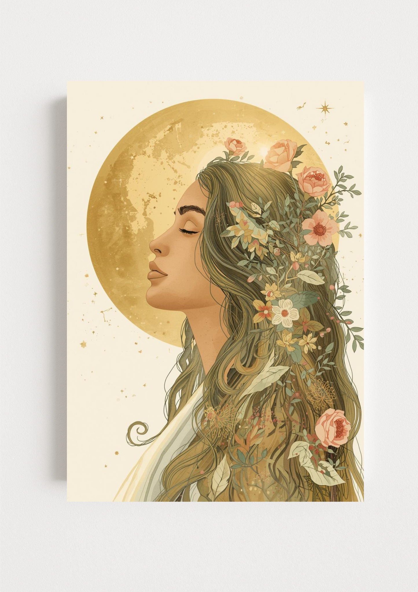 Affiche femme bohème et lune dorée – illustration florale élégante