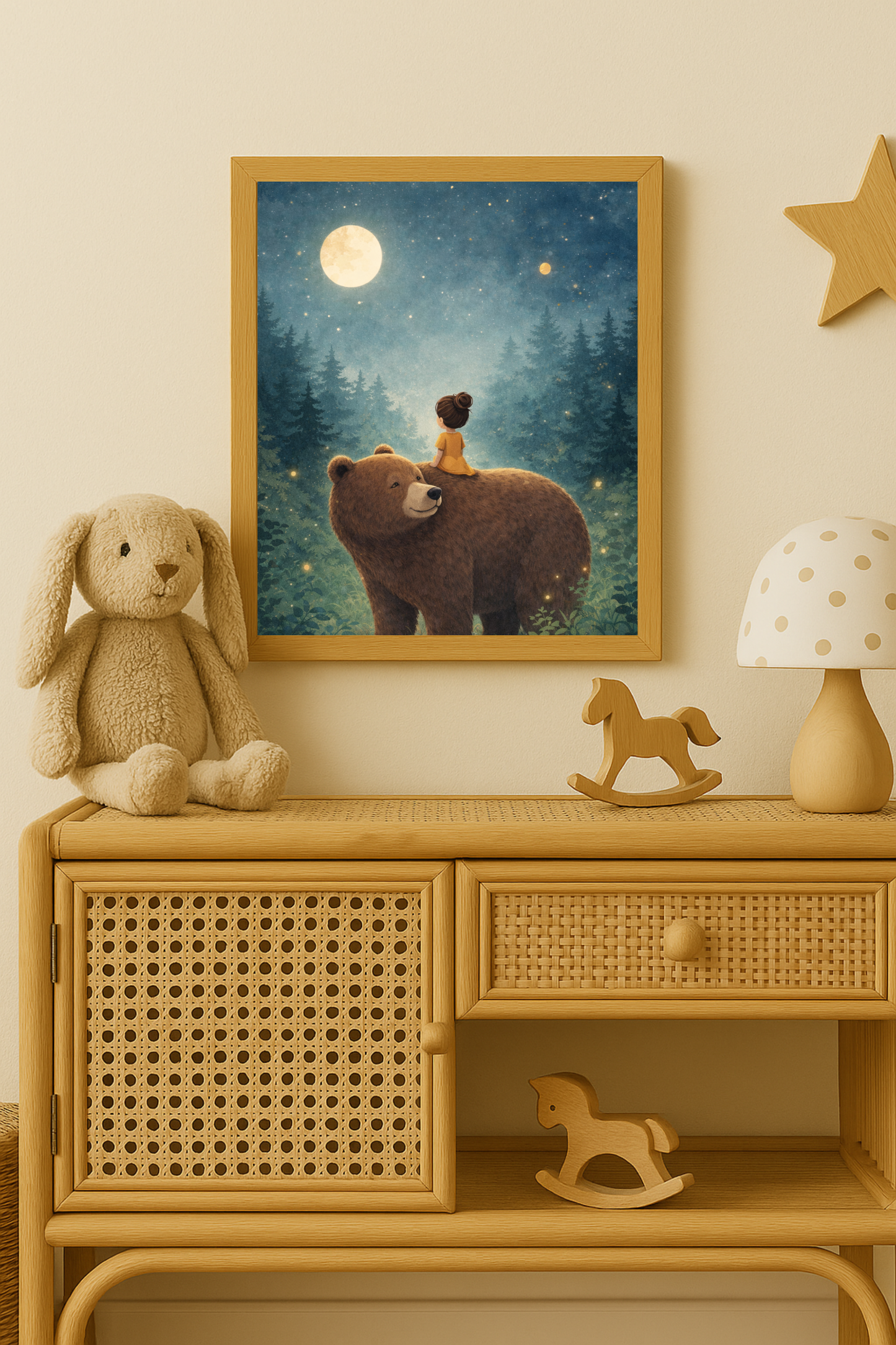 Affiche enfant fille et ours sous la lune – illustration chambre bébé - Univers poétique et minimaliste