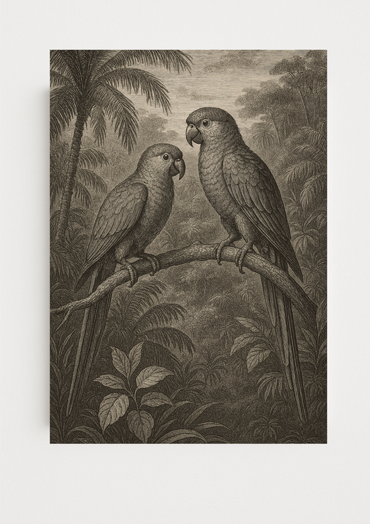 affiche oiseaux tropicaux style gravure ancienne – perroquets jungle - forêt tropical