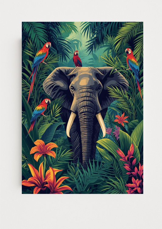 Affiche jungle colorée - Elephant- Fleurs éxotiques