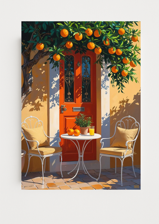Affiche méditerranéenne – Terrasse avec porte colorée et oranger – Décoration murale