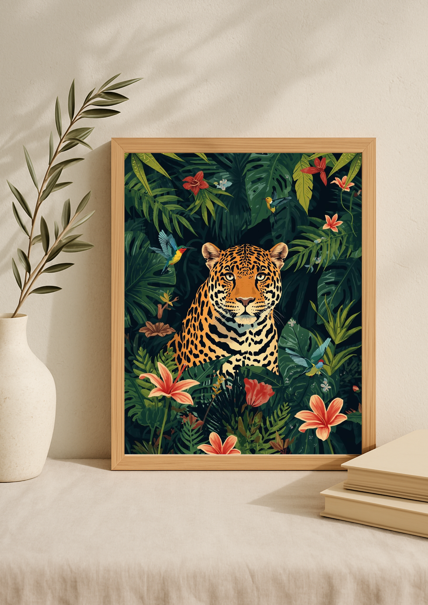 Affiche jungle colorée - Jaguar- Fleurs éxotiques