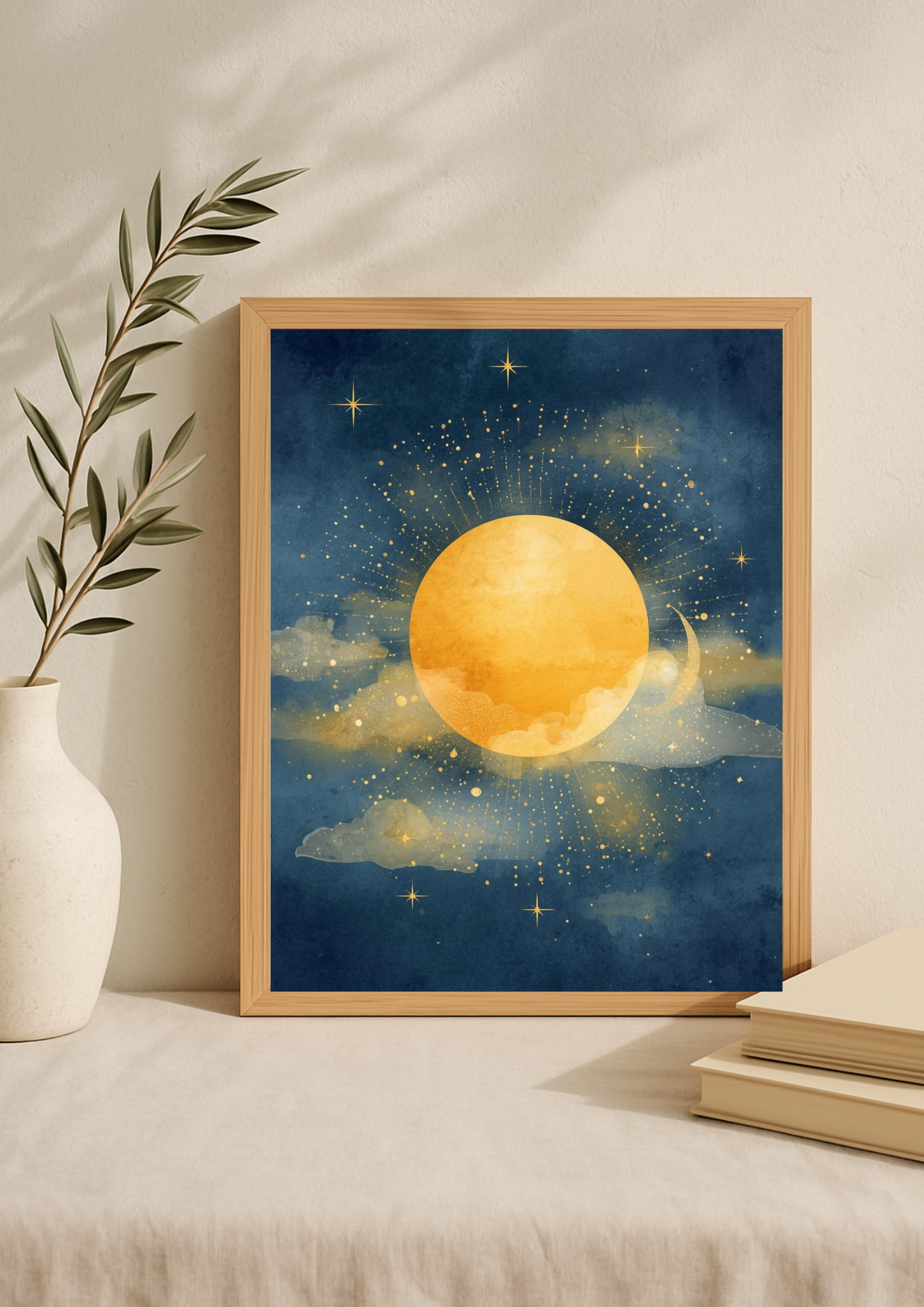 Affiche soleil dorée – Illustration céleste minimaliste – Décoration murale moderne A4