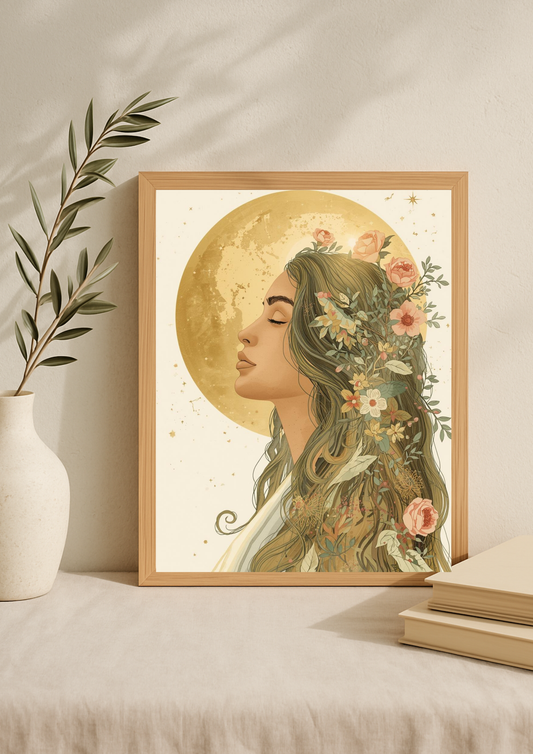 Affiche femme bohème et lune dorée – illustration florale élégante