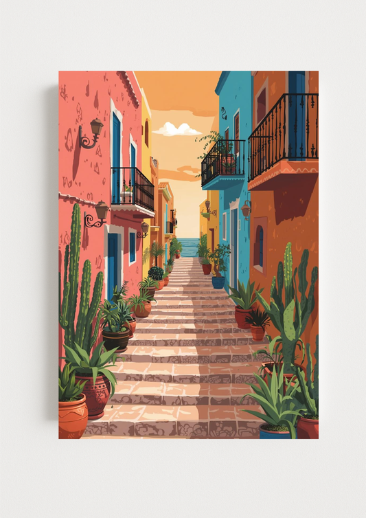 Affiche ruelle colorée – Escaliers et maisons du sud – Décoration murale - Cactus